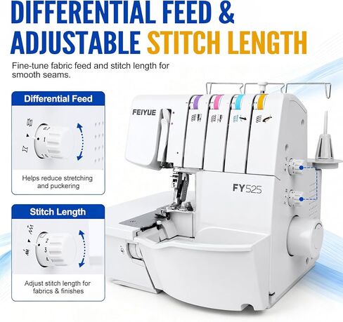 FEIYUE FY525 Serger Overlock Machine, 2/3/4 Thread Serger with Adjustable Differential Feed, 1200 Stitches per Minute, Built-In Rolled Hem, Color Coded Threading, Heavy-Duty Metal Frame, 6 LED Lights in Kuwait