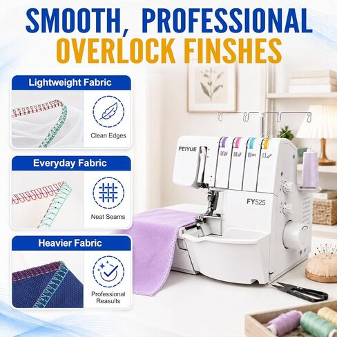 FEIYUE FY525 Serger Overlock Machine, 2/3/4 Thread Serger with Adjustable Differential Feed, 1200 Stitches per Minute, Built-In Rolled Hem, Color Coded Threading, Heavy-Duty Metal Frame, 6 LED Lights in Kuwait