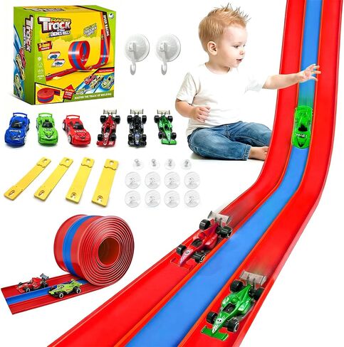 16ft Flex Track, Flexible Race Track for Kids 3-5 Year Old with 4 Pull-Back Cars, Portable Roll Up Racing Car Tracks for Toddlers, Birthday Gifts for Boys Girls (3 Lane - Blue & Red) in Saudi Arabia