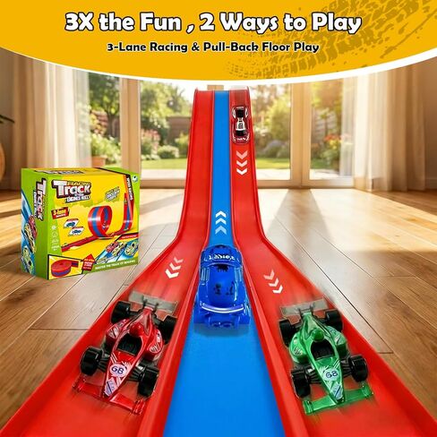 16ft Flex Track, Flexible Race Track for Kids 3-5 Year Old with 4 Pull-Back Cars, Portable Roll Up Racing Car Tracks for Toddlers, Birthday Gifts for Boys Girls (3 Lane - Blue & Red) in Saudi Arabia