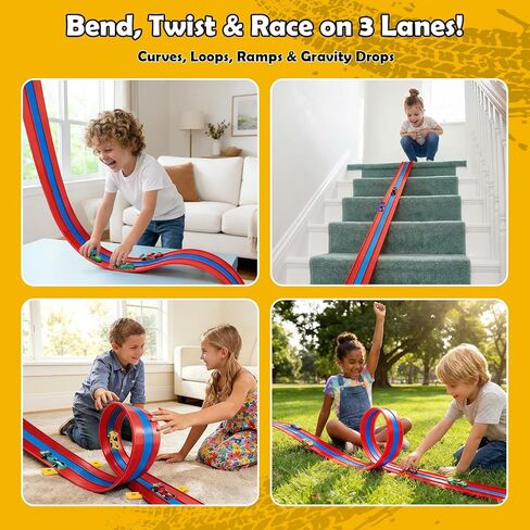 16ft Flex Track, Flexible Race Track for Kids 3-5 Year Old with 4 Pull-Back Cars, Portable Roll Up Racing Car Tracks for Toddlers, Birthday Gifts for Boys Girls (3 Lane - Blue & Red) in Saudi Arabia