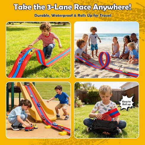 16ft Flex Track, Flexible Race Track for Kids 3-5 Year Old with 4 Pull-Back Cars, Portable Roll Up Racing Car Tracks for Toddlers, Birthday Gifts for Boys Girls (3 Lane - Blue & Red) in Saudi Arabia