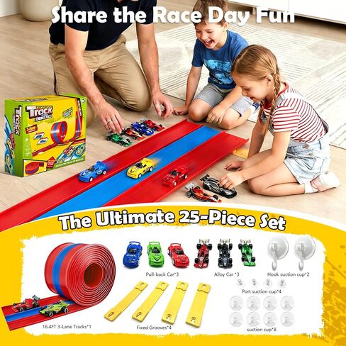 16ft Flex Track, Flexible Race Track for Kids 3-5 Year Old with 4 Pull-Back Cars, Portable Roll Up Racing Car Tracks for Toddlers, Birthday Gifts for Boys Girls (3 Lane - Blue & Red) in Saudi Arabia
