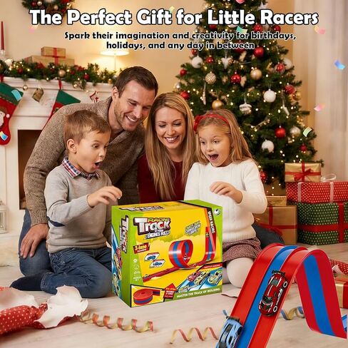 16ft Flex Track, Flexible Race Track for Kids 3-5 Year Old with 4 Pull-Back Cars, Portable Roll Up Racing Car Tracks for Toddlers, Birthday Gifts for Boys Girls (3 Lane - Blue & Red) in Saudi Arabia