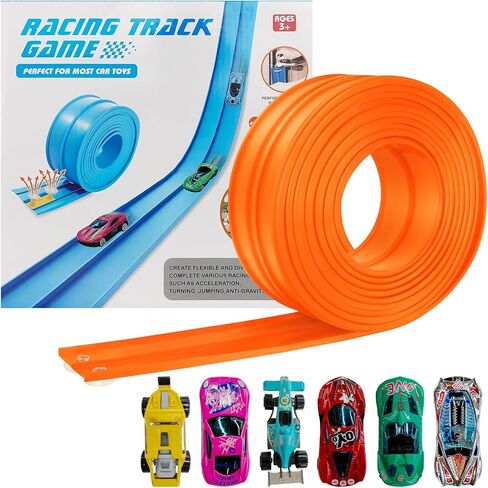 Flex Track Race Set for Kids, 15FT Starter Set Car Track with 4 Suction Cups and 6 Diecast 1/64th Cars - STEM Racing Toy for Boys & Girls Ages 3+ (Upgrade Orange) (Orange) in Kuwait