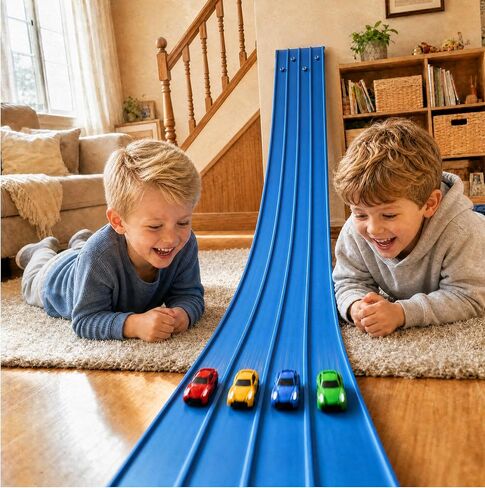 4-Lane Flexible Race Track, 15 Ft, Ocean Blue, Roll-Up Portable Racing Ramp with Suction Cups, Compatible with Hot Wheels and 1/64 Diecast Cars in Kuwait