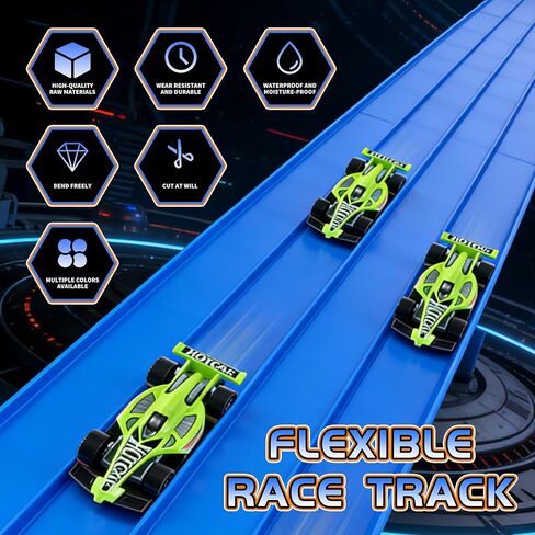 4-Lane Flexible Race Track, 15 Ft, Ocean Blue, Roll-Up Portable Racing Ramp with Suction Cups, Compatible with Hot Wheels and 1/64 Diecast Cars in Kuwait