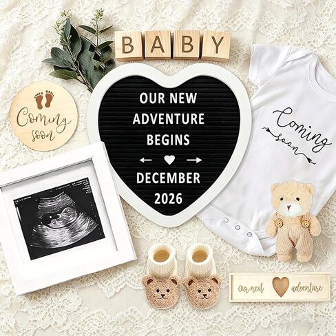 Pregnancy Announcement Props Set, Letter Board, Baby Bodysuit, Booties, Sonogram Frame, Pregnancy Test Box, Wood Blocks, Wooden Sign & Plush Bear for Gender Reveal Coming Soon Baby Announcement Kit in Kuwait
