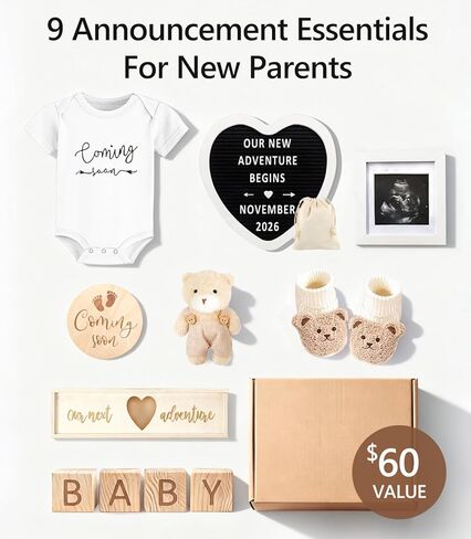 Pregnancy Announcement Props Set, Letter Board, Baby Bodysuit, Booties, Sonogram Frame, Pregnancy Test Box, Wood Blocks, Wooden Sign & Plush Bear for Gender Reveal Coming Soon Baby Announcement Kit in Kuwait