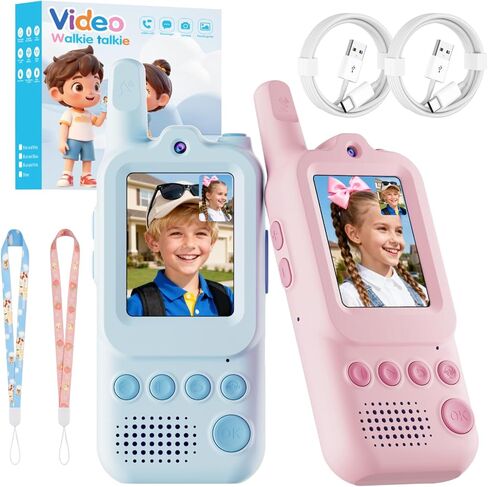 Video Walkie Talkies for Kids 2 Pack Rechargeable Video Intercom with Voice Changer, 1300FT Long Range Radios, Camping Hiking Toys, Birthday Gifts for Boys Girls Ages 3-12 (Pink&Blue) in Saudi Arabia