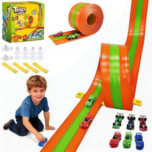 16 Ft Flex Track, Flexible Race Track for Kids with Suction Cups and Ramps Compatible with Hot Wheels and Diecast 1/64 Cars, Roll Up Race Track for Toddlers Ages 3 & Up (3 Lane - Red & Blue) in Kuwait