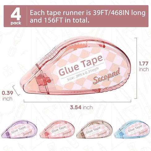 Secopad Scrapbook Tape, 0.3IN x 39FT Double Sided Tape Roller for Crafts, Adhesive Glue Runner Scrapbooking Supplies Journaling School Office Supplies for Kids and Adults, 4 Pack in Kuwait