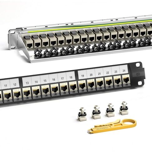 AMPCOM CAT7 Keystone Patch Panel 24-Port 1U with 10G Shielded Ethernet Inline Coupler - 19 Inch Rackmount &Wall Mount with Rear Support Bar in Saudi Arabia
