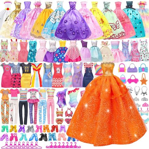 75 Pcs Doll Clothes and Accessories Gift Box Package,5 Wedding Gowns 4 Evening Dresses 8 Fashion Dresses 3 Set Casual Outfit, 2 Swimsuit,30 Hanger 20 Shoes 10 Accessories for Girls 3-10 years old Gift in Kuwait