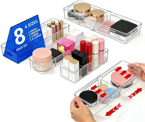 BLULEE Adjustable Clear Drawer Organizers, Expandable Bathroom Drawer Organizer Bins with Dividers, Versatile Makeup Organizer for Drawer, Plastic Desk Drawer Organizer (4 Pcs) in Kuwait