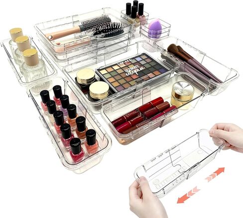 14 PCS Adjustable Clear Drawer Organizer Set - 3-Size Acrylic Storage Boxes for Makeup, Stationery, Kitchen Utensils, Tools & Bedroom Dresser Organization in Kuwait