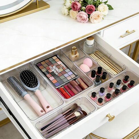 14 PCS Adjustable Clear Drawer Organizer Set - 3-Size Acrylic Storage Boxes for Makeup, Stationery, Kitchen Utensils, Tools & Bedroom Dresser Organization in Kuwait