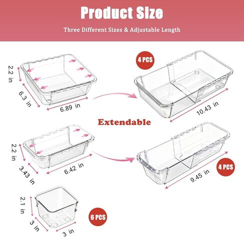 14 PCS Adjustable Clear Drawer Organizer Set - 3-Size Acrylic Storage Boxes for Makeup, Stationery, Kitchen Utensils, Tools & Bedroom Dresser Organization in Kuwait