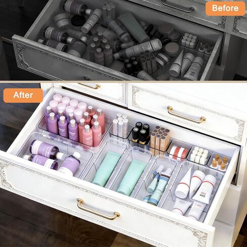 14 PCS Adjustable Clear Drawer Organizer Set - 3-Size Acrylic Storage Boxes for Makeup, Stationery, Kitchen Utensils, Tools & Bedroom Dresser Organization in Kuwait