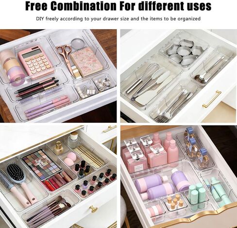 14 PCS Adjustable Clear Drawer Organizer Set - 3-Size Acrylic Storage Boxes for Makeup, Stationery, Kitchen Utensils, Tools & Bedroom Dresser Organization in Kuwait