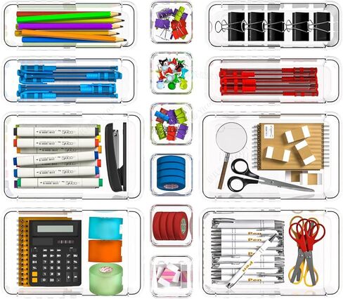 14 PCS Adjustable Clear Drawer Organizer Set - 3-Size Acrylic Storage Boxes for Makeup, Stationery, Kitchen Utensils, Tools & Bedroom Dresser Organization in Kuwait