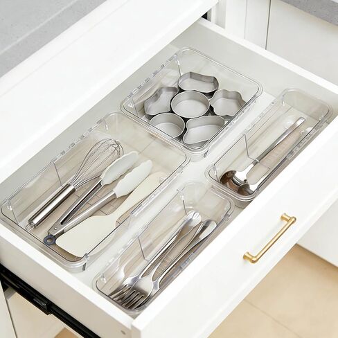 14 PCS Adjustable Clear Drawer Organizer Set - 3-Size Acrylic Storage Boxes for Makeup, Stationery, Kitchen Utensils, Tools & Bedroom Dresser Organization in Kuwait