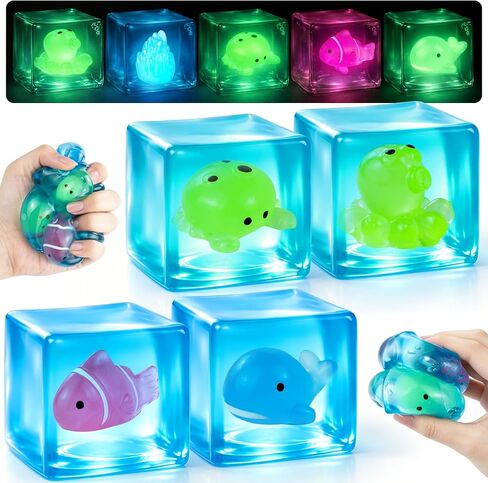 4 Pack Glow in the Dark Sea Animal Squishy Toys, Stress Cube & Stress Balls Sensory Squeeze Toys, Anxiety Relief Calming Stretchy Desk Toys for Kids Adults in Kuwait