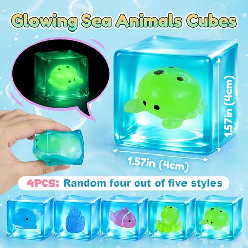 4 Pack Glow in the Dark Sea Animal Squishy Toys, Stress Cube & Stress Balls Sensory Squeeze Toys, Anxiety Relief Calming Stretchy Desk Toys for Kids Adults in Kuwait