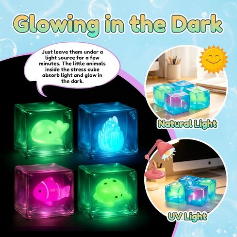 4 Pack Glow in the Dark Sea Animal Squishy Toys, Stress Cube & Stress Balls Sensory Squeeze Toys, Anxiety Relief Calming Stretchy Desk Toys for Kids Adults in Kuwait