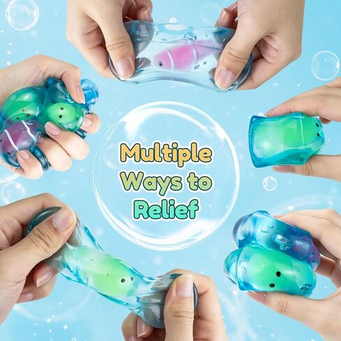 4 Pack Glow in the Dark Sea Animal Squishy Toys, Stress Cube & Stress Balls Sensory Squeeze Toys, Anxiety Relief Calming Stretchy Desk Toys for Kids Adults in Kuwait