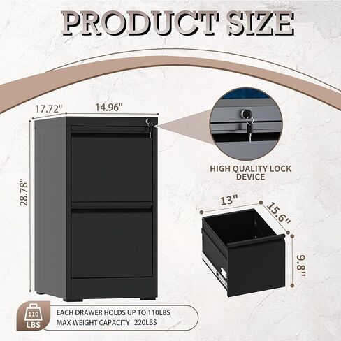 2 Drawer File Cabinet Vertical, File Cabinet with Lock, File Cabinets for Home Office, Small Filing Cabinets, Metal File Cabinet for Legal/Letter/A4 Documents, Easy to Assemble, Black in Saudi Arabia