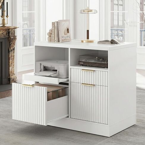 3 Drawer File Cabinet, Fluted Wood Lateral Filing Cabinet with Charging Station for Home Office, Fits for A4/Letter-Sized Files, Printer Stand with Open Storage Shelves, Black Walnut in Kuwait