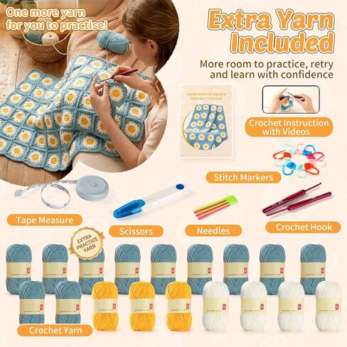 مجموعة Fitsu Crochet للمبتدئين، مجموعة أدوات الكروشيه المربعة من Daisy Granny مع خيوط وخطافات وكتاب خطوة بخطوة ودروس فيديو، مجموعة هدايا سهلة التعلم للكروشيه للبالغين والمبتدئين in Kuwait