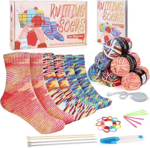 Katech Beginner Knitting Kit for Adults, 4 Pcs Socks Yarn Knitting Kit with Step by Step Instruction and 4 Knitting Needles, Knitting Starter Kit for Learn to Knit Craft Kits Gift in Kuwait