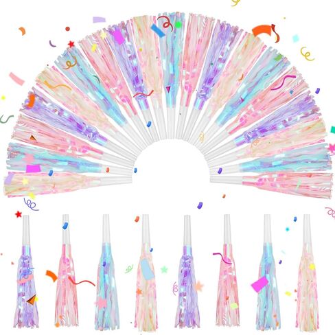 24 Pcs Party Blowers Glitter Iridescent Mermaid Unicorn Princess Noise Makers Metallic Fringed Horns Bulk for Graduation Birthday Favors Kids Decor(Pink, Purple, Blue, White) in Kuwait