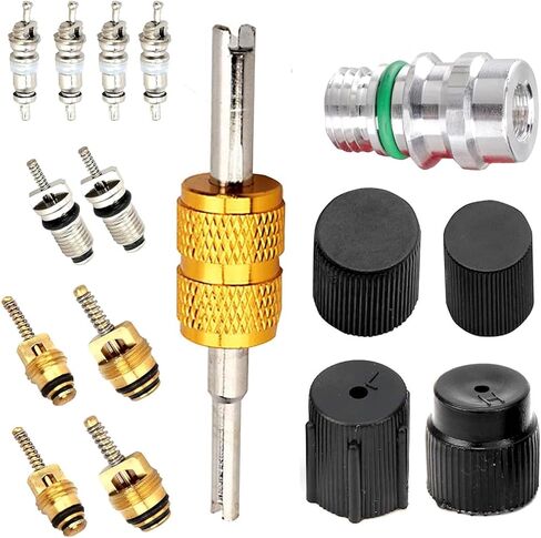 16 PCS Air Condition Valve Core Kit, Includes R134A R12 Valve Cores, Service Tool & Pressure Caps, AC System Charging Port Repair Accessories,Universal for Most Cars, Trucks, SUVs (Black) in Kuwait