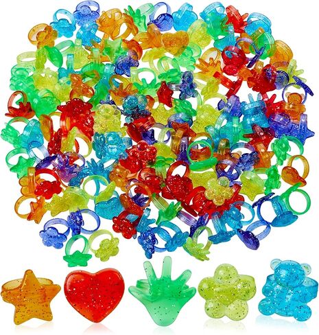 144 PCS Glitter Plastic Toy Rings Party Favors - Bulk Assortment of Hearts, Stars, Bears, Hands & Flower Shapes - Kids Birthday Goody Bag Fillers, Cupcake Toppers, Piñata Stuffers, Treasure Box Prizes in Kuwait