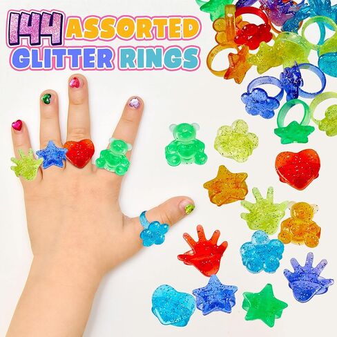 144 PCS Glitter Plastic Toy Rings Party Favors - Bulk Assortment of Hearts, Stars, Bears, Hands & Flower Shapes - Kids Birthday Goody Bag Fillers, Cupcake Toppers, Piñata Stuffers, Treasure Box Prizes in Kuwait
