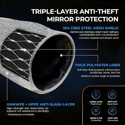 Anti-Theft Car Mirror Covers, UHMWPE-HPPE Level 5 & 304 Stainless Steel Mesh Protectors, Secure Bullet Lock & Steel Cable, Side Mirror Protection for Cars SUVs & Pickup Trucks in Kuwait