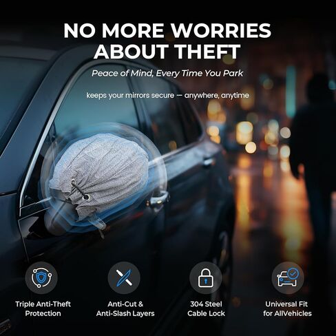 Anti-Theft Car Mirror Covers, UHMWPE-HPPE Level 5 & 304 Stainless Steel Mesh Protectors, Secure Bullet Lock & Steel Cable, Side Mirror Protection for Cars SUVs & Pickup Trucks in Kuwait