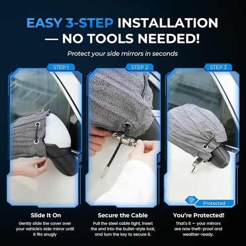 Anti-Theft Car Mirror Covers, UHMWPE-HPPE Level 5 & 304 Stainless Steel Mesh Protectors, Secure Bullet Lock & Steel Cable, Side Mirror Protection for Cars SUVs & Pickup Trucks in Kuwait
