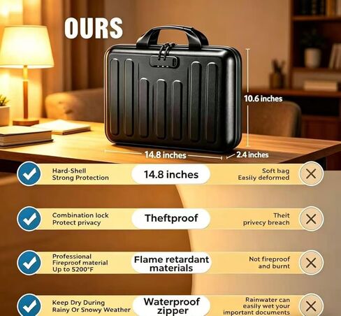 Fireproof Document Box with Lock, Waterproof Hard-Shell File Organizer, 13 Pocket Accordion Folder, Portable Safe Storage for A4 Files, Laptop, Passports & Certificates, Home Office Travel Use, Black in Saudi Arabia