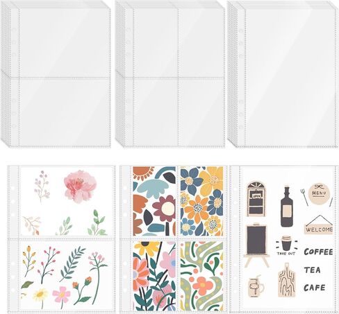 30 Sheets Clear Binder Sleeves 1/2/4 Pocket Double Sided Plastic Pocket Sleeves for Photos, Trading Cards, Sticker Storage Organizer, 6 Ring A5 Binder Inserts Inserts Refills Pockets Pages in Kuwait