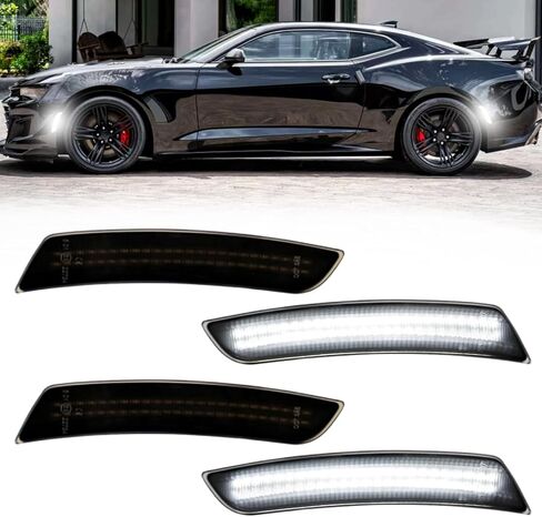 مصابيح LED للعلامات الجانبية متوافقة مع Camaro 2016 2017 2018 2019 2020 2021 2022 2023، علامات جانبية بيضاء أمامية وخلفية، مصابيح تحديد المصد، ضوء انتظار السيارات، عدسات مدخنة، 4 قطع in Kuwait