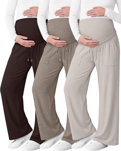 3 Pack Women's Maternity Pants Wide Leg Lounge Over The Belly Loose Drawstring Casual Pregnancy Pants with Pockets in Saudi Arabia