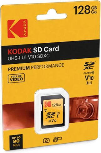 KODAK Premium Memory Card 128GB, 85MBs Read Speed, 25MBs Write Speed for Full HD Video and High-Resolution Pictures, Compatible with SDHC and SDXC Standards - EKMSD128GXC10K in Saudi Arabia