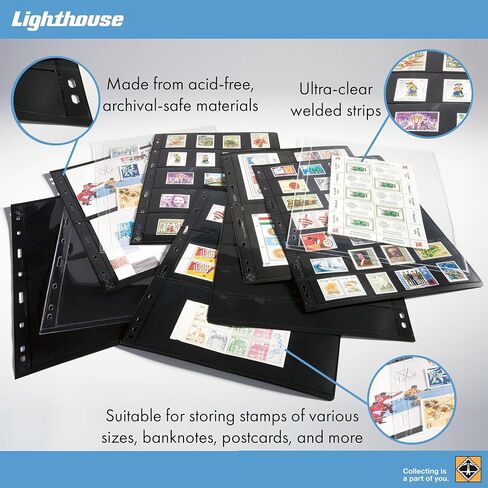 Lighthouse- Vario Stamp Pages for Stamp Albums, Clear 9-Hole Binder Pages with 7 Pockets for Stamp Collection - Pack of 5 in Kuwait