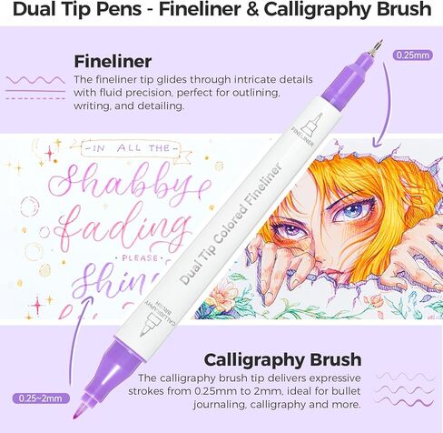 أقلام رسم ملونة بفرشاة وFineliner مزدوجة الأطراف من Ohuhu، 12 لونًا، أقلام صغيرة مقاومة للماء والكحول للبالغين، الفنانين والمبتدئين، رسم رسم مجلة رصاصة تحدد فئة المكتب in Kuwait