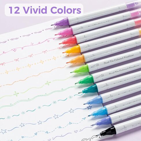 أقلام رسم ملونة بفرشاة وFineliner مزدوجة الأطراف من Ohuhu، 12 لونًا، أقلام صغيرة مقاومة للماء والكحول للبالغين، الفنانين والمبتدئين، رسم رسم مجلة رصاصة تحدد فئة المكتب in Kuwait