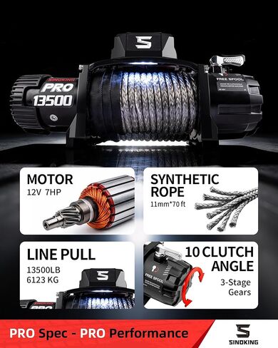 SINOKING PRO Series 13500 رطل ونش كهربائي، ونش سحب 12 فولت، حبل صناعي، جهاز تحكم عن بعد سلكي/لاسلكي 2 في 1، مقاوم للماء IP67، محرك 7 حصان لسيارات الجيب وسيارات الدفع الرباعي والشاحنات والمقطورة in Kuwait